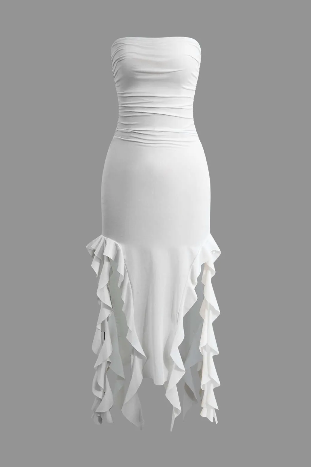 Solid Ruffle Hem Ruched Tube Maxi Dress