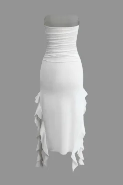 Solid Ruffle Hem Ruched Tube Maxi Dress
