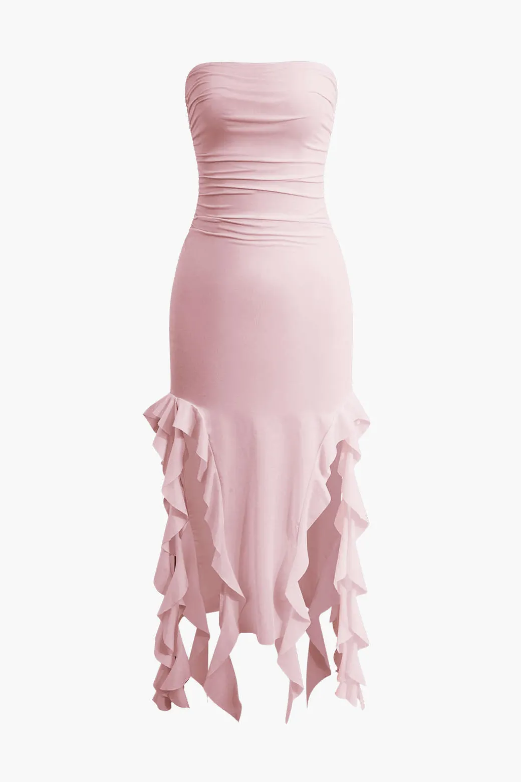 Solid Ruffle Hem Ruched Tube Maxi Dress