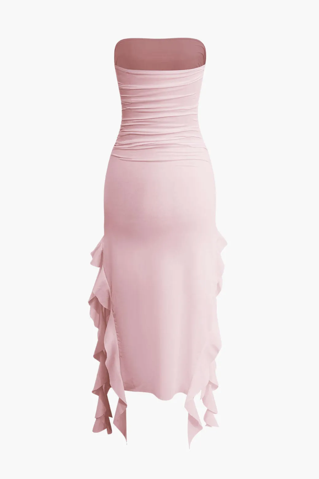 Solid Ruffle Hem Ruched Tube Maxi Dress