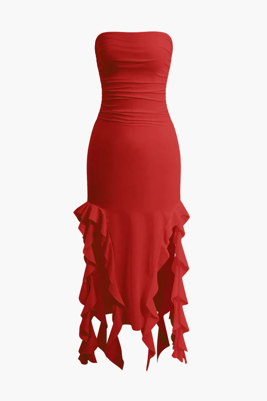 Solid Ruffle Hem Ruched Tube Maxi Dress