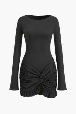 Solid Ruffle Ruched Twist Long Sleeve Mini Dress