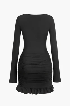 Solid Ruffle Ruched Twist Long Sleeve Mini Dress