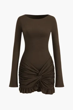 Solid Ruffle Ruched Twist Long Sleeve Mini Dress