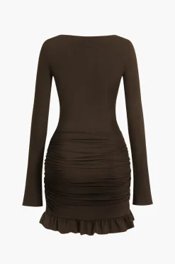 Solid Ruffle Ruched Twist Long Sleeve Mini Dress