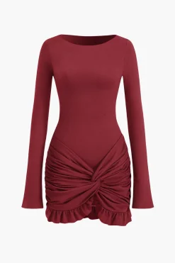 Solid Ruffle Ruched Twist Long Sleeve Mini Dress