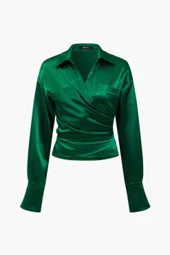 Solid Satin Button Tie-Up Long-Sleeve Shirt