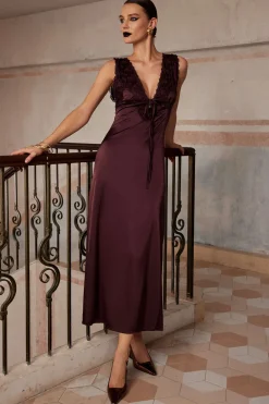 Solid Satin Lace Trim Tie-Up Maxi Dress