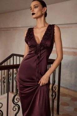 Solid Satin Lace Trim Tie-Up Maxi Dress