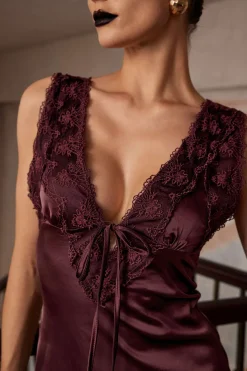 Solid Satin Lace Trim Tie-Up Maxi Dress