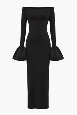 Solid Satin Off Shoulder Slit Maxi Dress