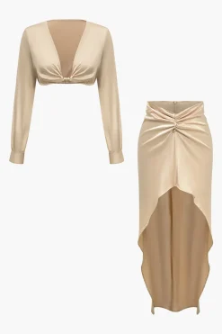 Solid Satin V-neck Cropped Shirt And Asymmetrical Skirt Set