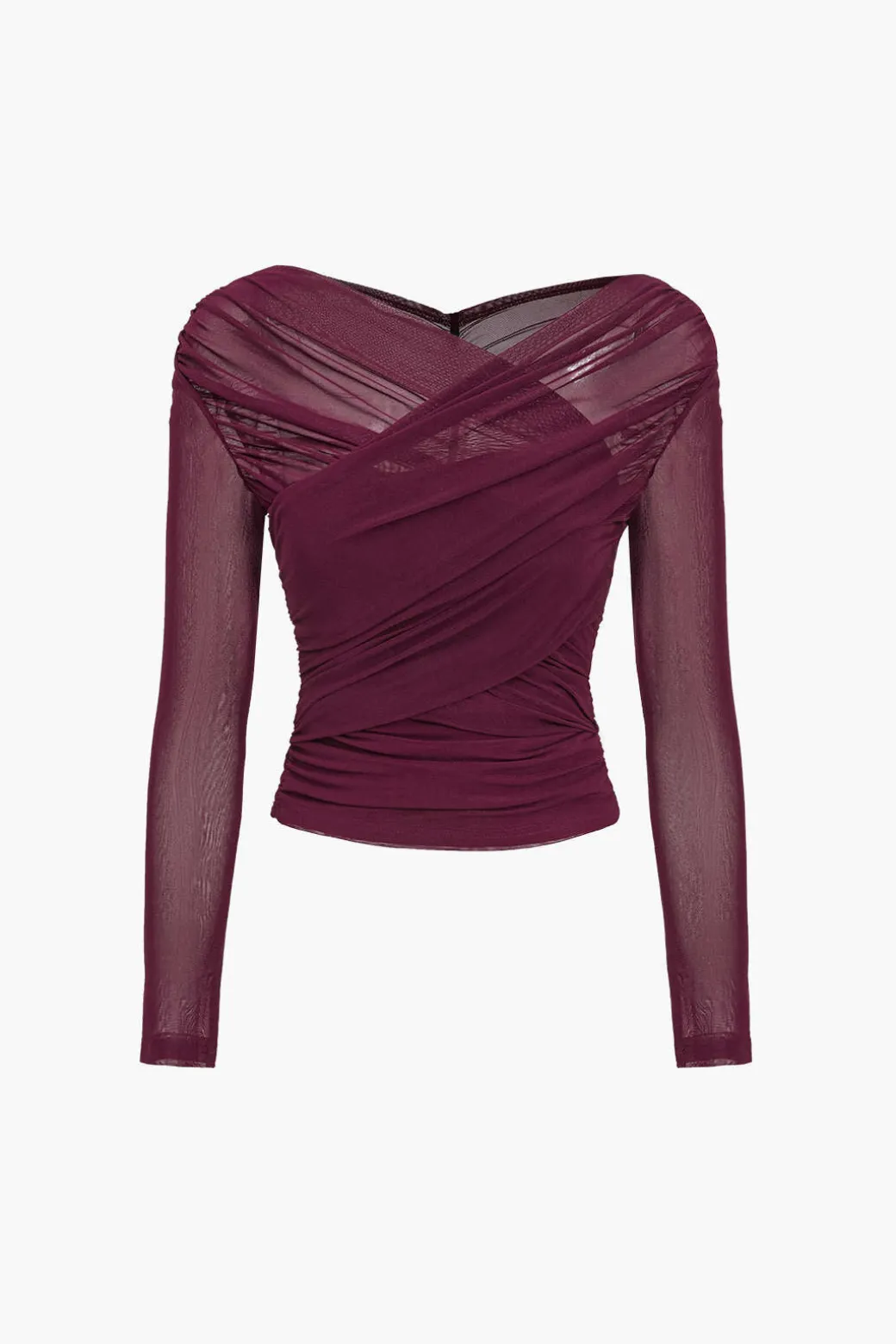 Solid Sheer Mesh Ruched Long-Sleeve Top