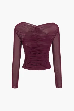 Solid Sheer Mesh Ruched Long-Sleeve Top