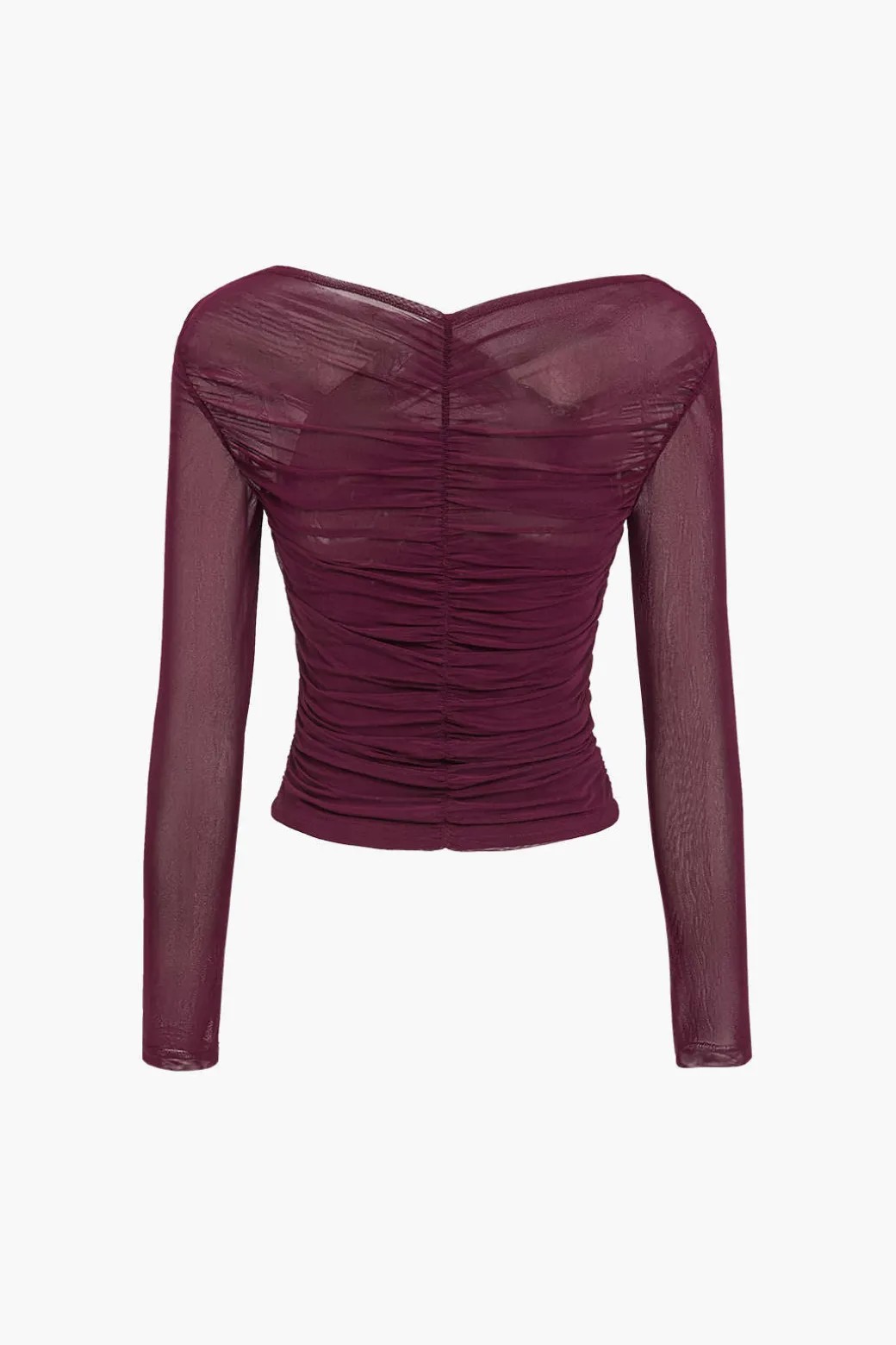 Solid Sheer Mesh Ruched Long-Sleeve Top