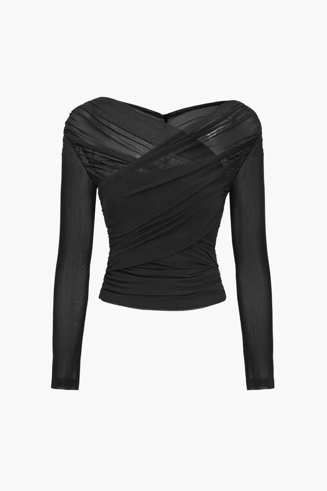 Solid Sheer Mesh Ruched Long-Sleeve Top