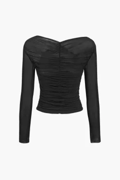 Solid Sheer Mesh Ruched Long-Sleeve Top