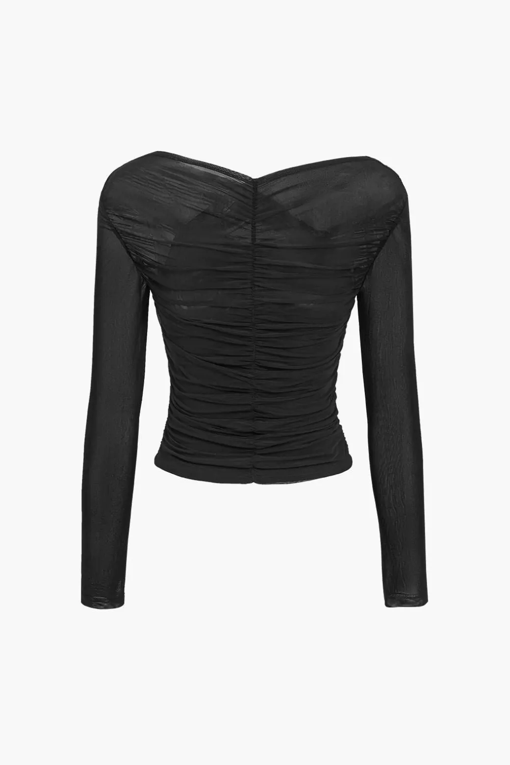 Solid Sheer Mesh Ruched Long-Sleeve Top