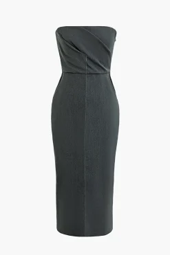 Solid Slit Ruched Strapless Midi Dress
