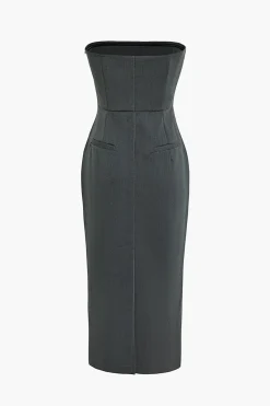 Solid Slit Ruched Strapless Midi Dress