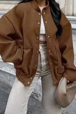 Solid Stand Collar Button Coat