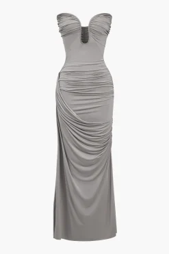 Solid Strapless Ruched Maxi Dress