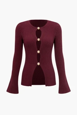 Solid Sweater Button Long-Sleeve Top