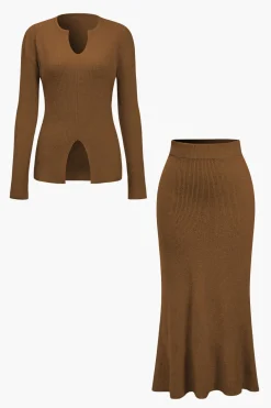 Solid Sweater Cut Out Top And Skirt Set