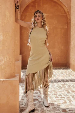 Solid Sweater Fringe Asymmetrical Dress