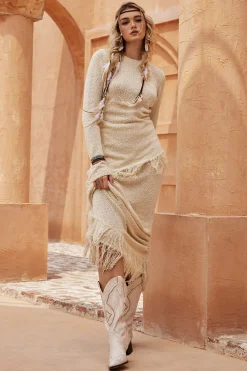 Solid Sweater Fringe Maxi Skirt