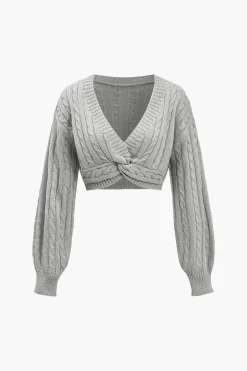 Solid Sweater Twist Knot V-Neck Long-Sleeve Top