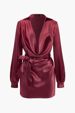 Solid Tie Front Draped Cowl Neck Belted Mini Dress