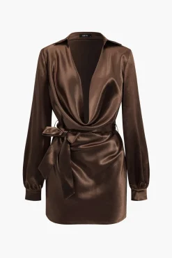 Solid Tie Front Draped Cowl Neck Belted Mini Dress