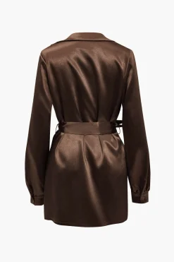 Solid Tie Front Draped Cowl Neck Belted Mini Dress