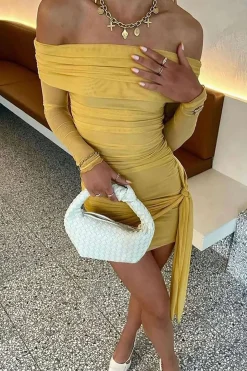 Solid Tie Front Off Shoulder Mini Dress