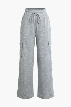 Solid Tie Front Shirred Waistband Pocket Drawstring Trousers