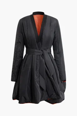 Solid Tie Front V-neck Puffer