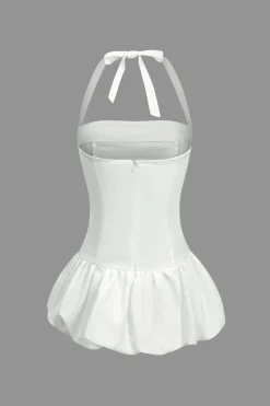 Solid Tie-Up Halter Neck Puff Mini Dress