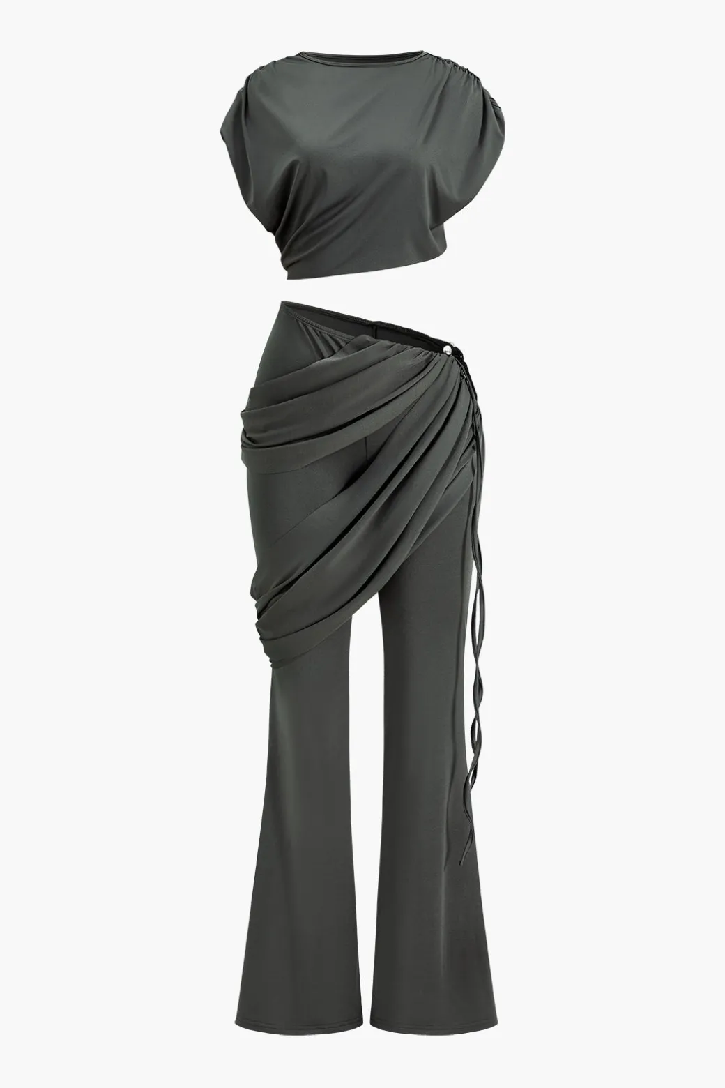 Solid Top And Asymmetrical Drawstring Flared Trouser Set