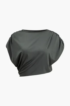 Solid Top And Asymmetrical Drawstring Flared Trouser Set