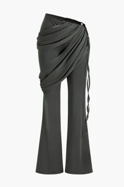 Solid Top And Asymmetrical Drawstring Flared Trouser Set