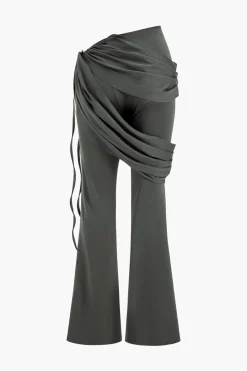 Solid Top And Asymmetrical Drawstring Flared Trouser Set