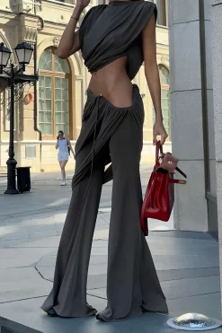 Solid Top And Asymmetrical Drawstring Flared Trouser Set