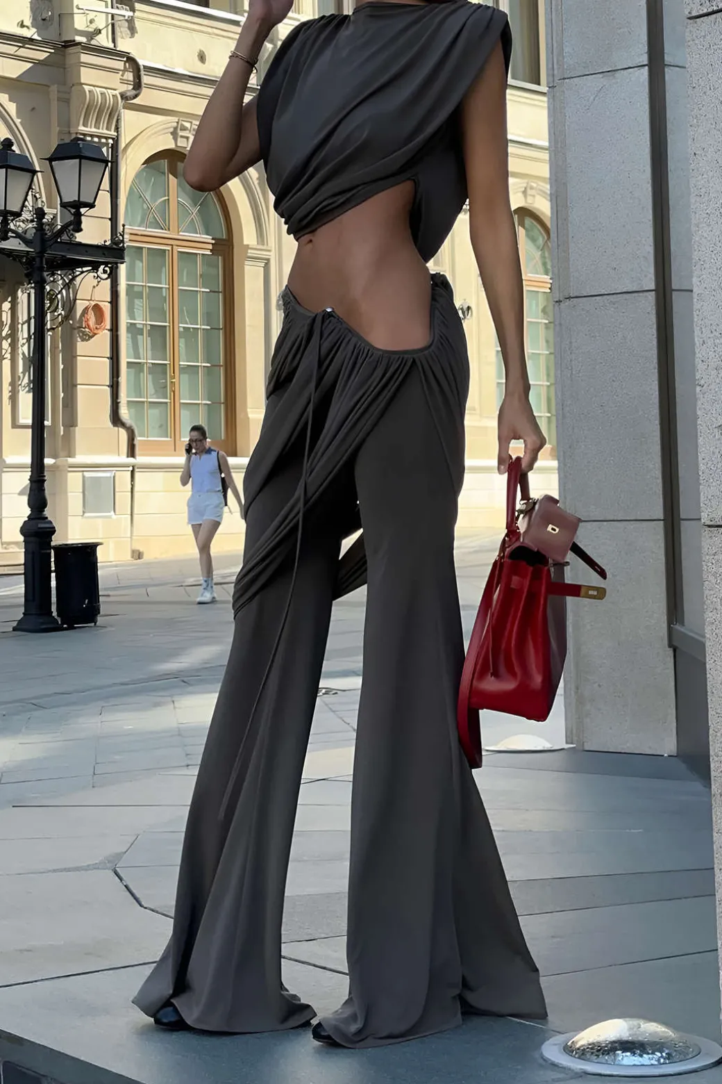 Solid Top And Asymmetrical Drawstring Flared Trouser Set