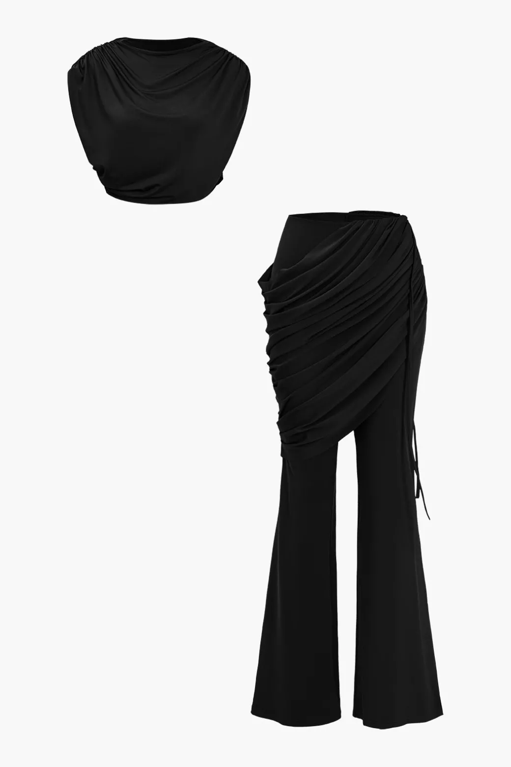 Solid Top And Asymmetrical Drawstring Flared Trouser Set