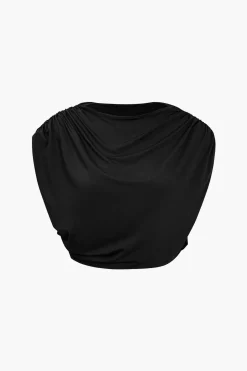 Solid Top And Asymmetrical Drawstring Flared Trouser Set