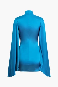 Solid Turtleneck Bell Sleeve Ruched Mini Dress