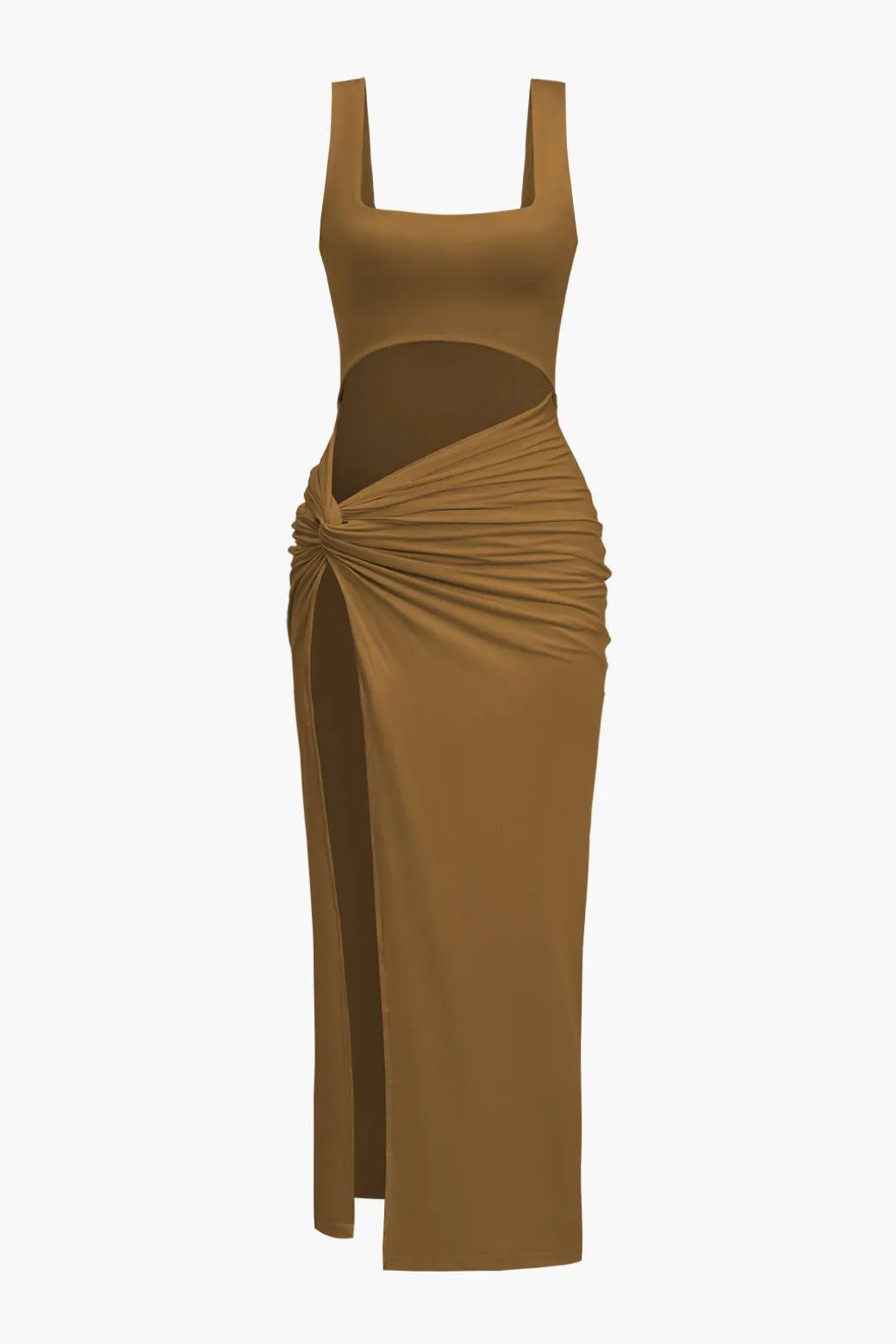 Solid Twist Front Cut Out Slit Midi Dress