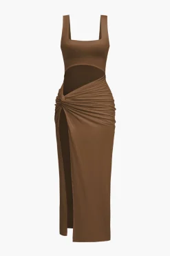 Solid Twist Front Cut Out Slit Midi Dress