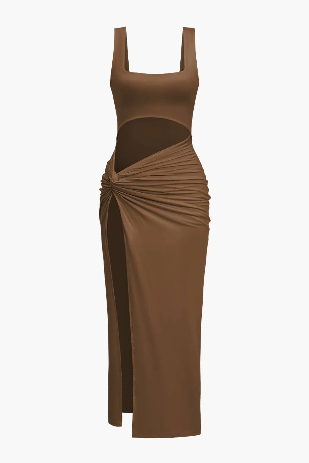 Solid Twist Front Cut Out Slit Midi Dress